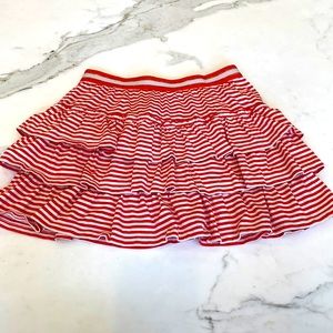 Mini Boden Jersey Ruffle skirt, girls size 8-9 red/orange and white stripes